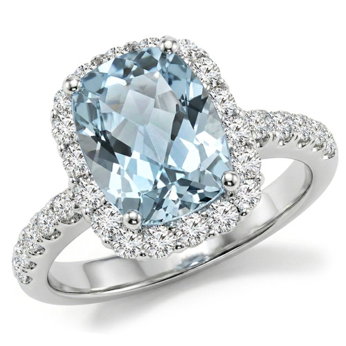 Cushion Blue Aquamarine and Diamond Halo Statement Engagement Ring