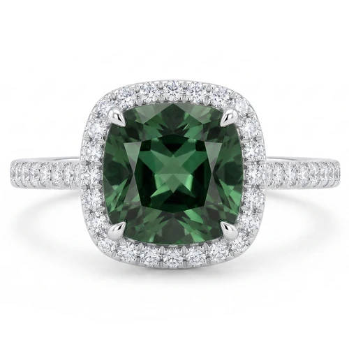 Cushion Cut Green Tourmaline and Diamond Halo Engagement / Statement Ring