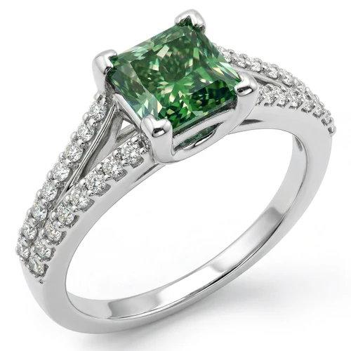 Princess-Cut Green Diamond Engagement Ring Split Design
