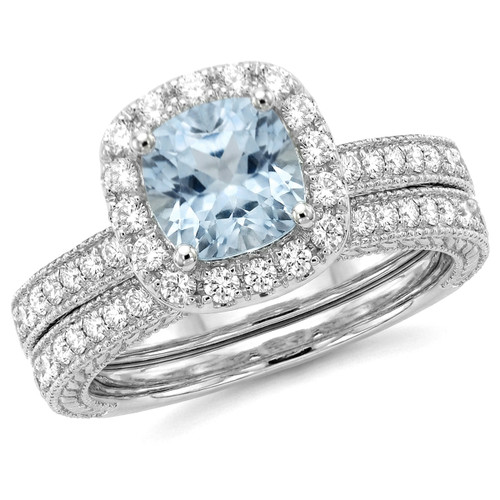 Cushion Aquamarine Diamond Halo Engagement Ring Set Vintage Style