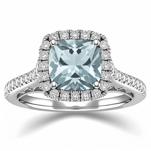 Cushion-Cut Blue Aquamarine and Diamond Halo Engagement Ring Vintage