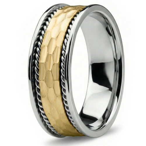 Handmade Textured Wedding Band 14k White and Yellow Gold Mens Ring