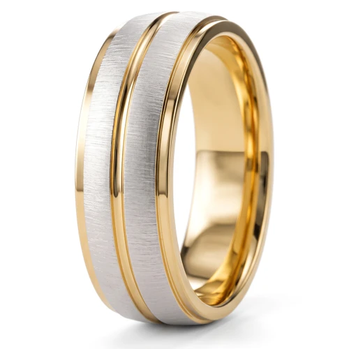 Brushed 18k 2-Tone Gold Wedding Band Comfort Mens Ring