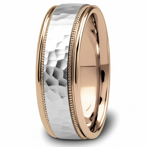 Hammered 14k White Rose Gold Wedding Band Men's Comfort-Fit Ring