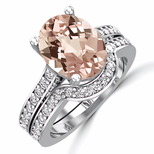 Oval Peach-Pink Morganite Engagement Wedding Ring Set