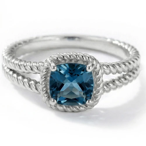 Cushion London-Blue Topaz Twisted Rope Halo Engagement Ring