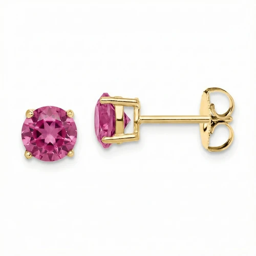Pink Tourmaline Gemstone Stud Earrings 14k Yellow Gold