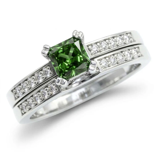 Princess-Cut Green Diamond Engagement and Wedding Ring Set