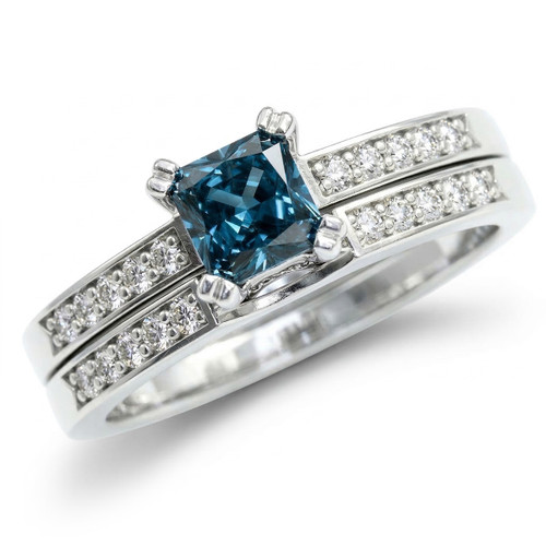 Princess-Cut Fancy Blue Diamond Engagement and Wedding Ring Set