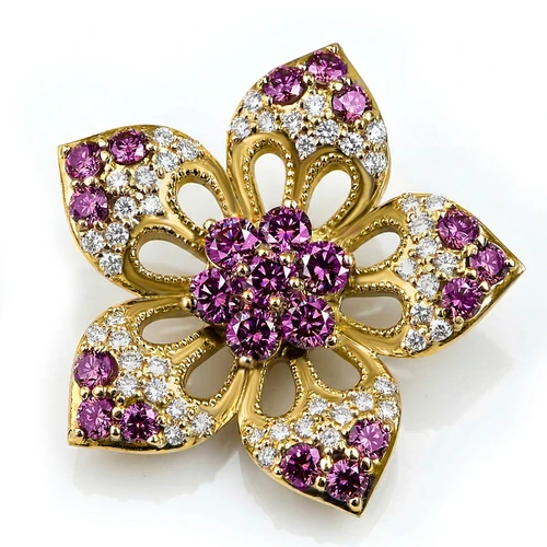 Fancy Purple-Pink Diamond Flower Pendant 18k Yellow Gold