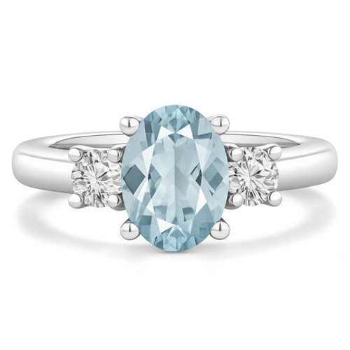 Oval Blue Aquamarine and Diamond 3-Stone Engagement Ring