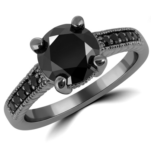 3 Carat Black Diamond Vintage Engagement Ring 14k Black Gold