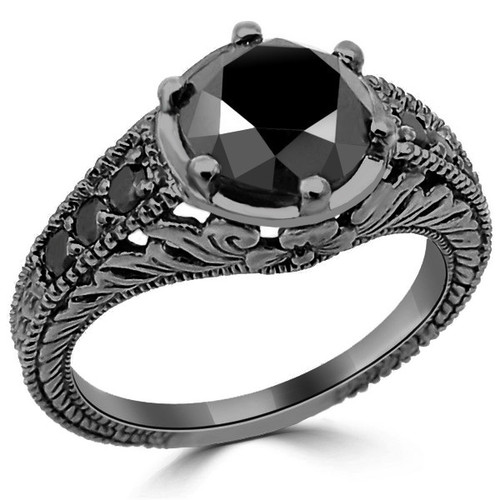 2 Carat Black Diamond Vintage Engagement Ring 14k Black Gold