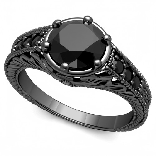 Vintage Style 2 Carat Black Diamond Engagement Ring 14k Black Gold