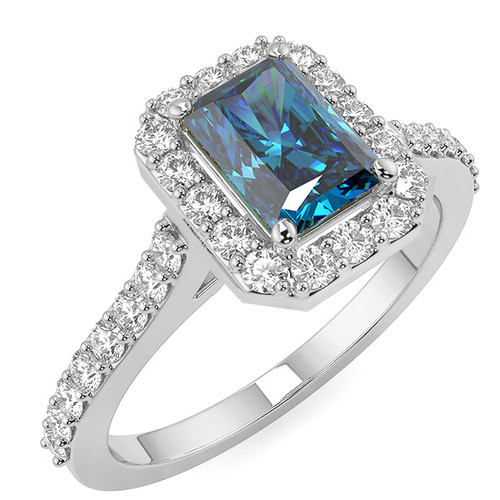 Emerald-Cut Fancy Blue Diamond Halo Engagement Ring