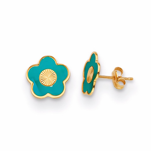 Turquoise Enamel Flower Stud Earrings 14k Yellow Gold