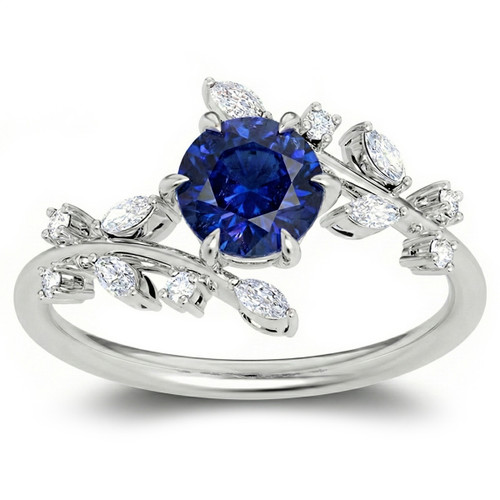 Floral Blue Sapphire Diamond Nature-Inspired Engagement Ring
