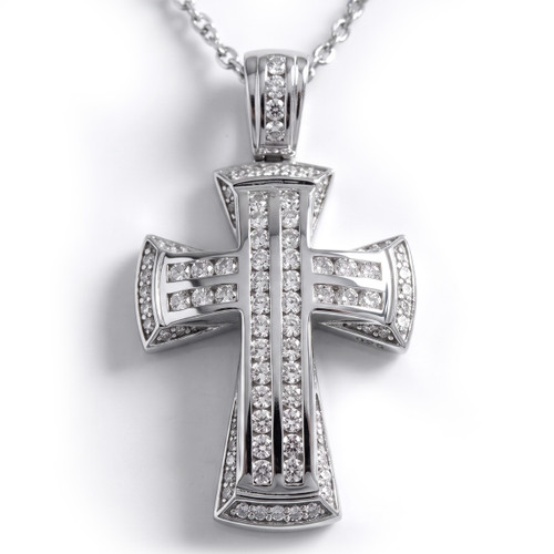 Mens Diamond Cross Pendant Massive Necklace 14k White Gold