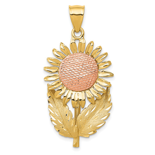 14k Two-Tone Gold Sunflower Pendant Textured Necklace