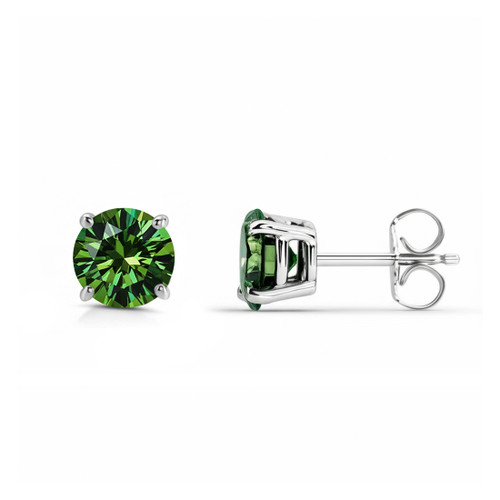 One Carat Fancy Green Diamond Stud Earrings 14k White Gold