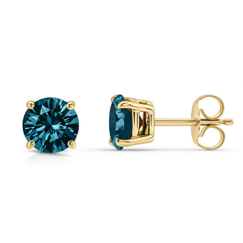 2 Carat Fancy Blue Diamond Stud Earrings 14k Yellow Gold