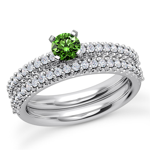 Matching Green Diamond Engagement and Wedding Ring Set