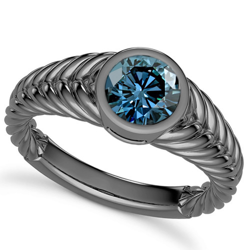 Fancy Blue Diamond Men's Solitaire Ring 14k Black Gold