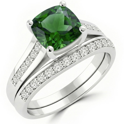 Cushion-Cut Green Tourmaline and Diamond Matching Engagement Ring Set