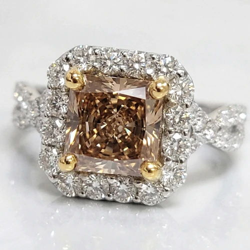 Princess Cut Fancy-Brown Diamond Halo Engagement Ring 18k Gold