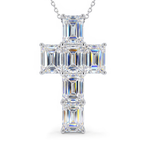 6 Carats Emerald Cut Lab Grown Diamond Cross Pendant 14k Gold