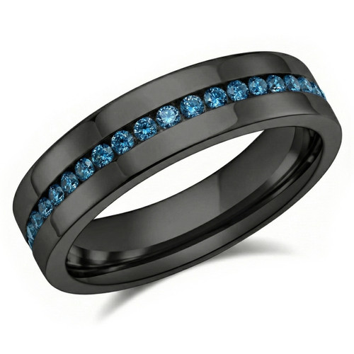 Channel-Set Blue Diamond Men's Eternity Wedding Band 14k Black Gold