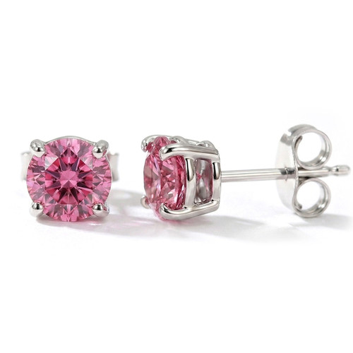 Lab Grown Fancy Vivid Pink Diamond Stud Earrings 14k White Gold