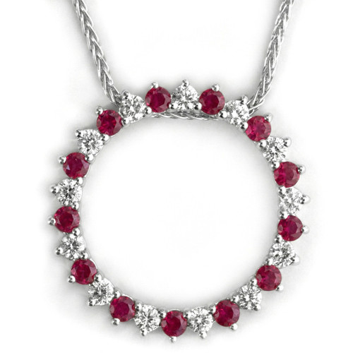 Ruby and Diamond Circle Pendant Necklace 14k White Gold