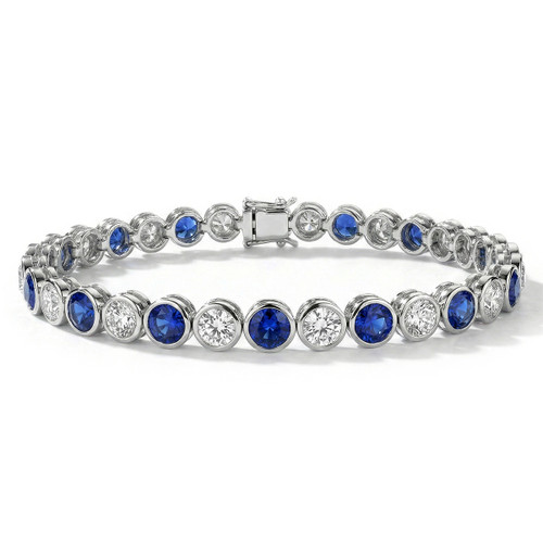 12 Carat Bezel-Set Alternating Blue Sapphire and Diamond Tennis Bracelet