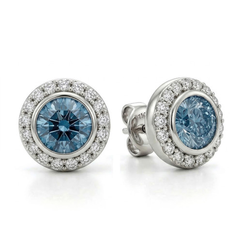 Large Fancy-Blue Diamond Halo Stud Earrings 18k White Gold