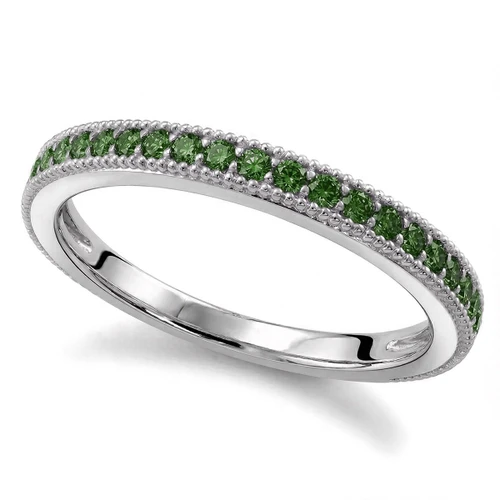 Fancy Green Diamond Wedding Band Vintage Inspired Ring With Milgrain