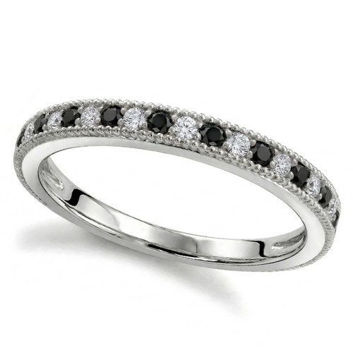 Black and White Diamond Wedding Band Bridal Ring With Vintage-Inspired Milgrain