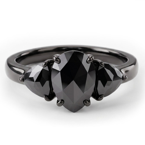 Pear-Shaped Black Diamond 3-Stone Engagement Ring 14k Black Gold