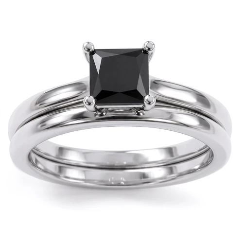 Princess Cut Black Diamond Solitaire Engagement and Wedding Ring Set