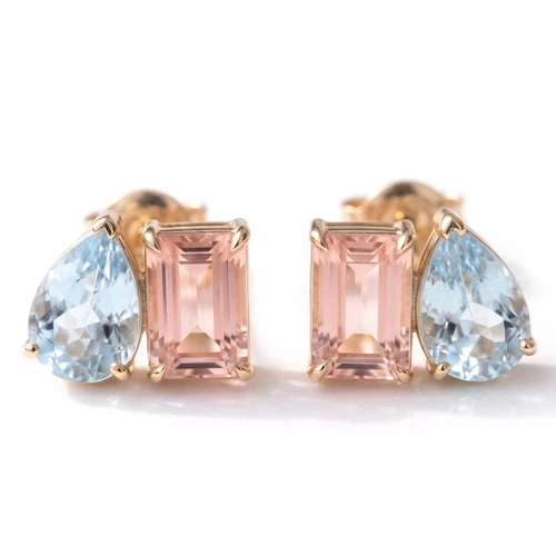 Aquamarine and Morganite "Toi et Moi" Two-Stone Stud Earrings 14k Yellow Gold