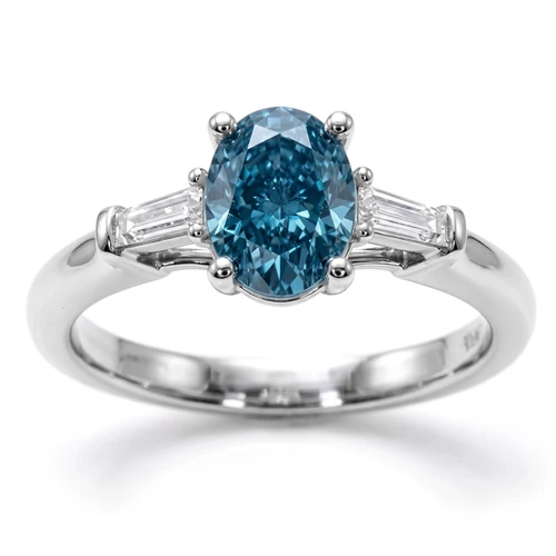 Oval Blue and Baguette-Cut White Diamond Three-Stone Engagement Ring