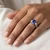 Emerald-Cut Tanzanite and Diamond 3-Stone Engagement Ring Vintage Style On Hand