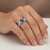 Fancy Blue and White Diamond 3-Stone Engagement Ring Vintage Style On Hand
