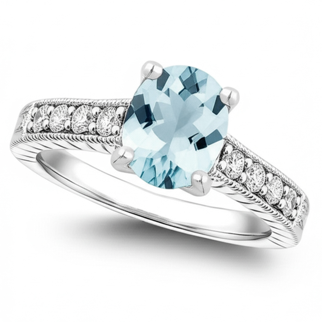 Oval Aquamarine Diamond Engagement Ring Vintage Style