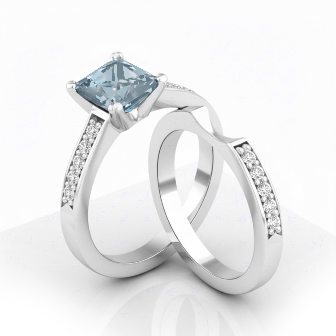 Princess Cut Blue Aquamarine Diamond Engagement Ring Set