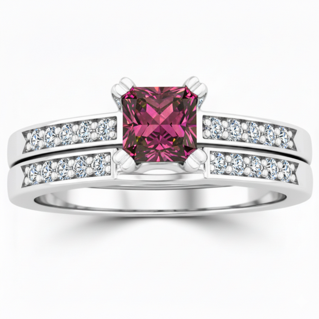 Princess Cut Pink Tourmaline Diamond Matching Engagement Ring Set