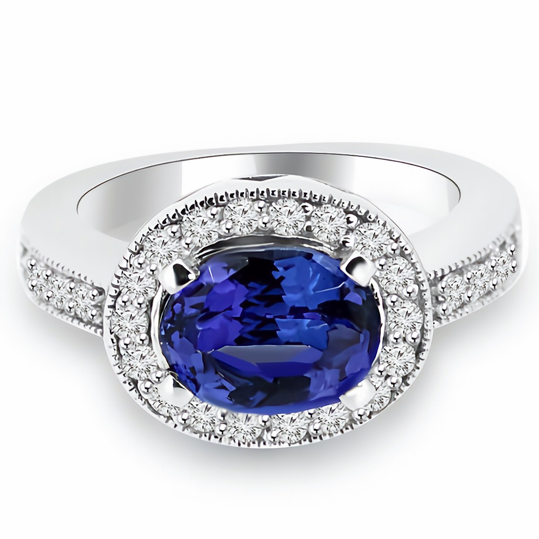 East-West Oval Tanzanite & Diamond Halo Engagement Ring