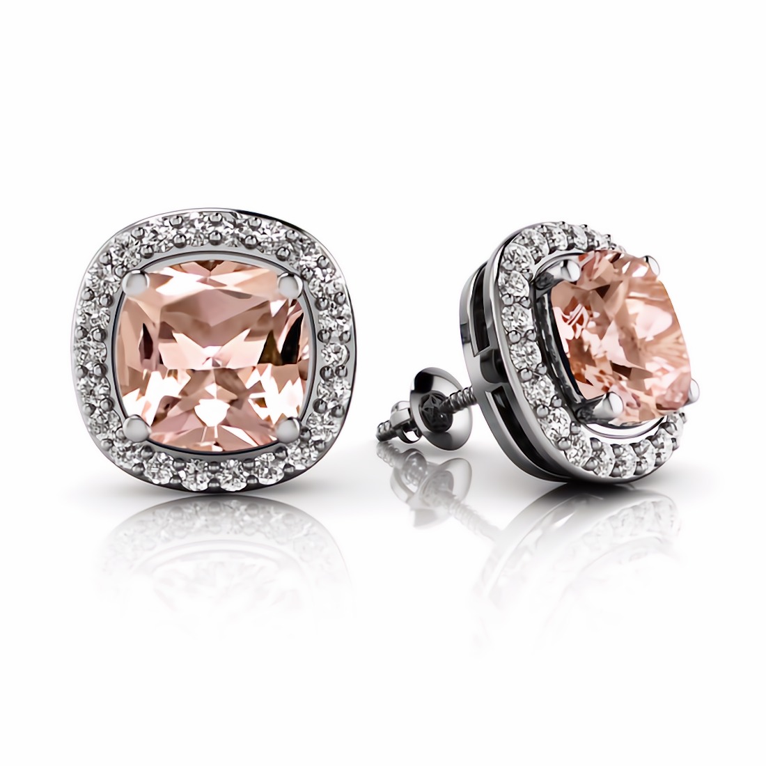 Cushion-Cut Peach Pink Morganite Diamond Stud Halo Earrings
