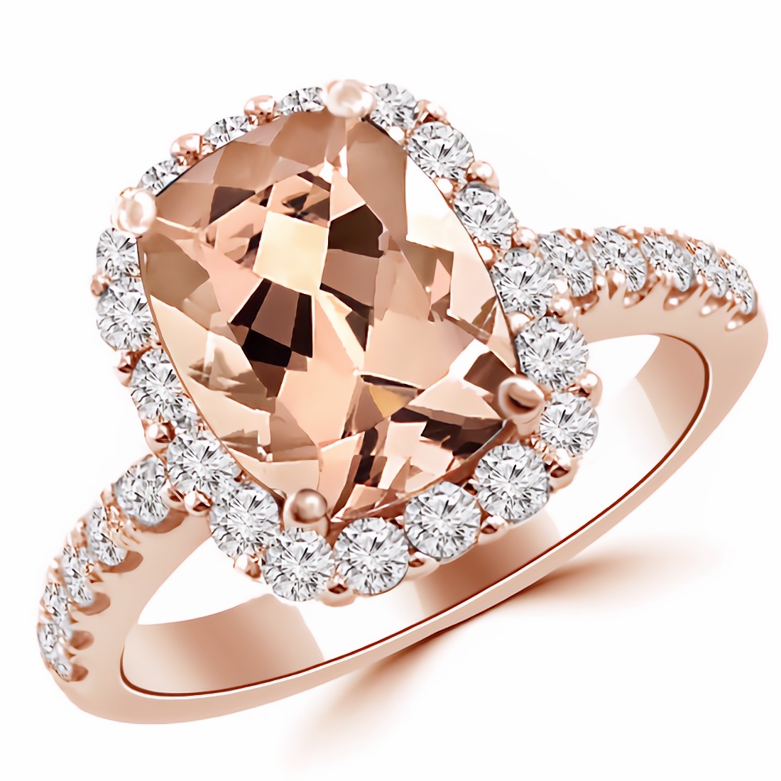 Cushion Cut Peach-Pink Morganite Diamond Halo Ring Rose Gold