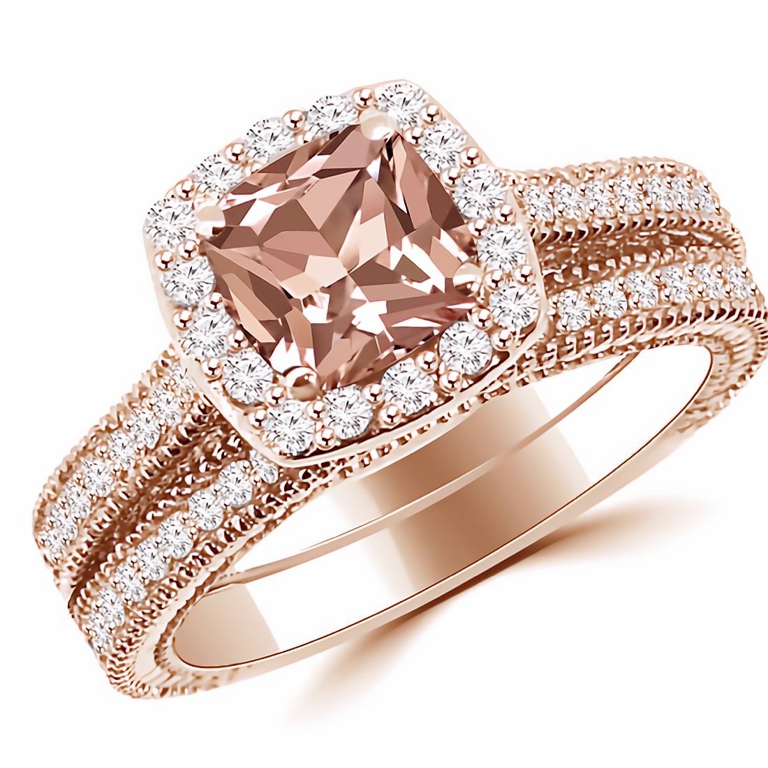 Cushion Peach Pink Morganite Halo Engagement Ring Set 14k Rose Gold